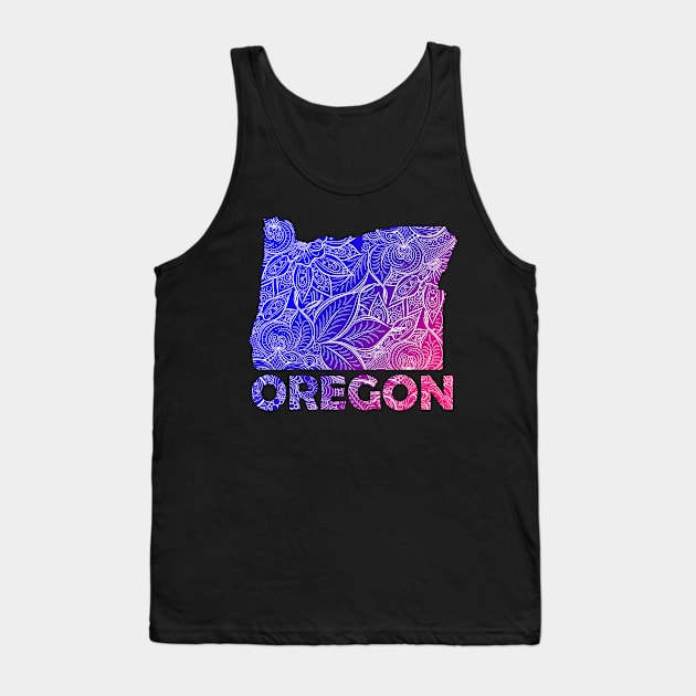 Colorful mandala art map of Oregon with text in blue and violet Tank Top by Happy Citizen